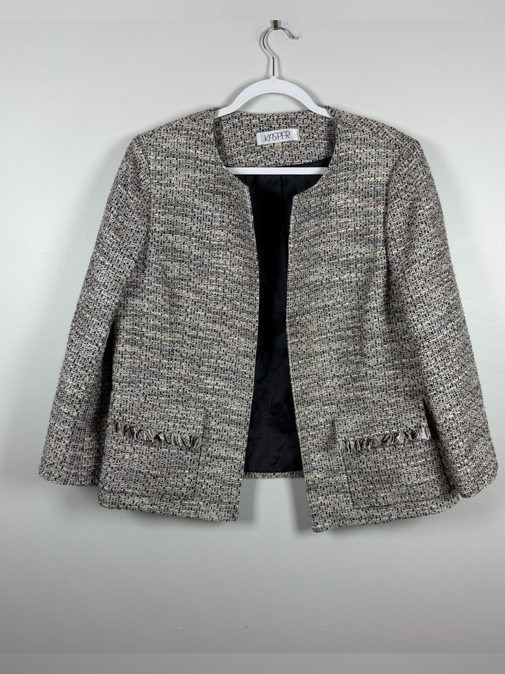Kasper Women’s Black White Tweed Work Career Collarless Jacket Blazer Preppy 12
